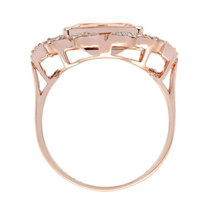 Decorative 2.68ct Emerald Cut Morganite and Diamond Cluster Ring in 14ct Rose Gold