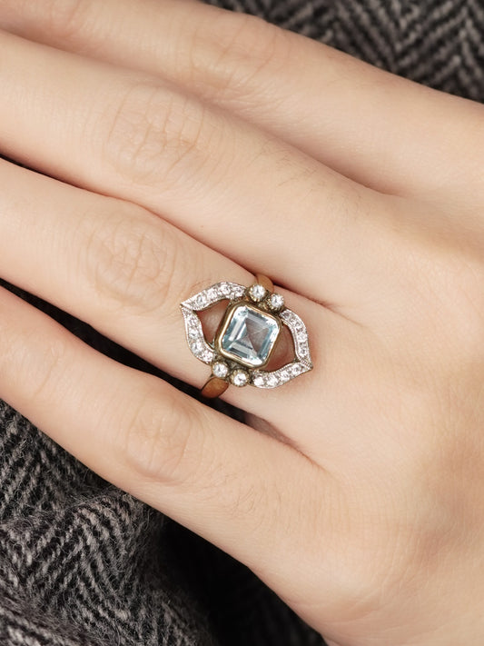 Blue Topaz and Diamond Navette Cluster Engagement Ring in 9ct Yellow Gold