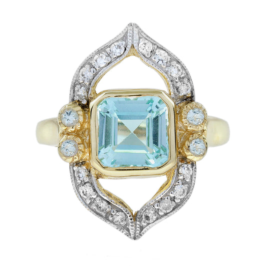 Blue Topaz and Diamond Navette Cluster Engagement Ring in 9ct Yellow Gold