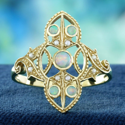 Opal and Pearl Set Openwork Navette Ring