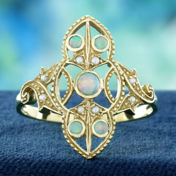 Opal and Pearl Set Openwork Navette Ring