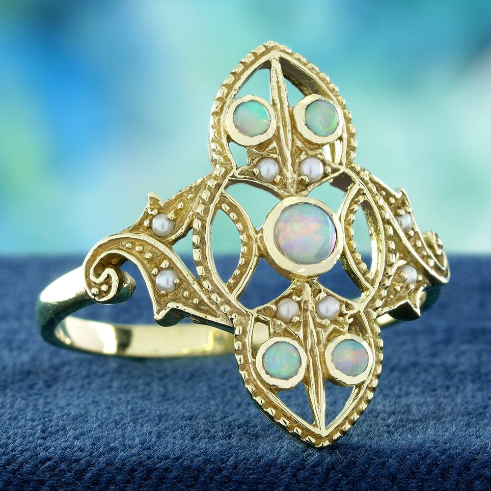 Opal and Pearl Set Openwork Navette Ring