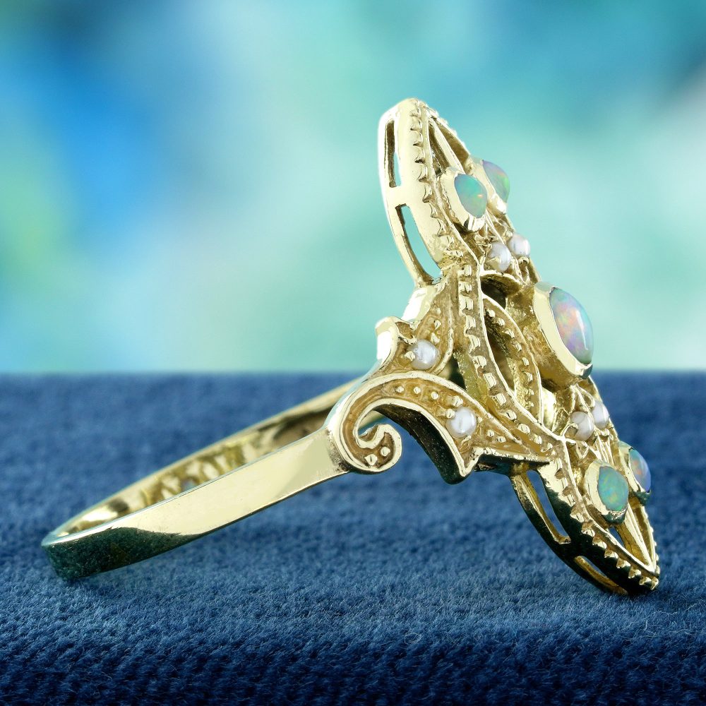 Opal and Pearl Set Openwork Navette Ring