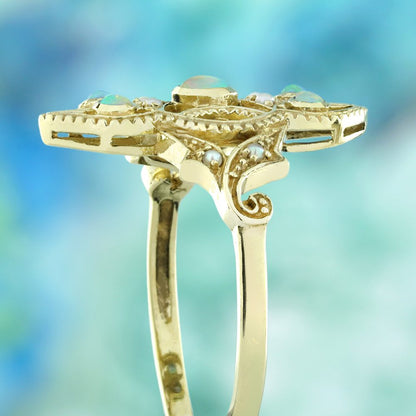 Opal and Pearl Set Openwork Navette Ring