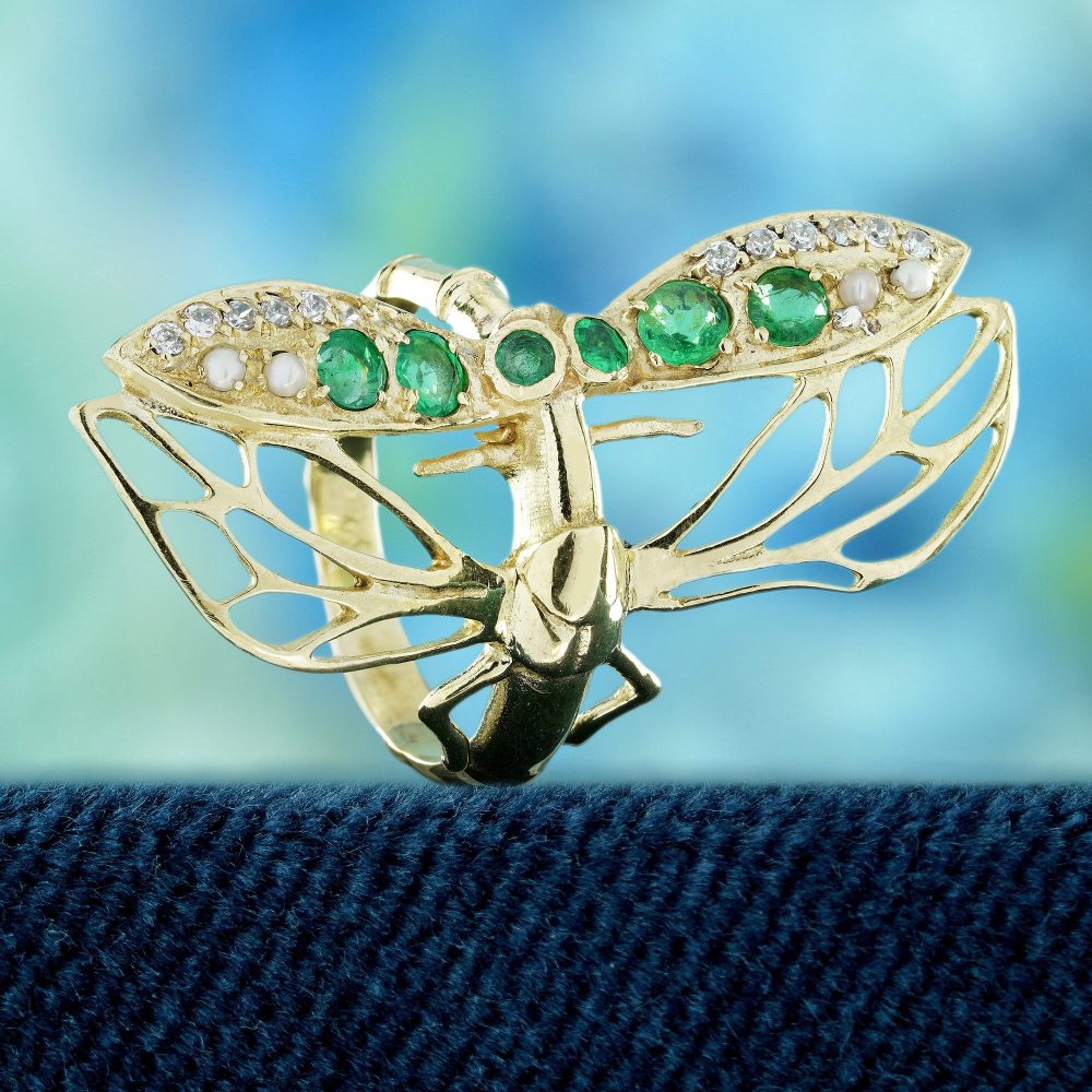 Yellow Gold Dragonfly Ring with Emerald Pearl and Diamond