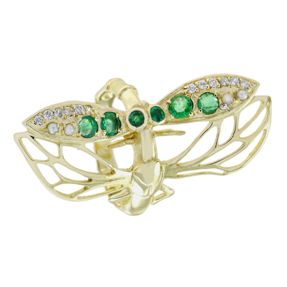 Yellow Gold Dragonfly Ring with Emerald Pearl and Diamond