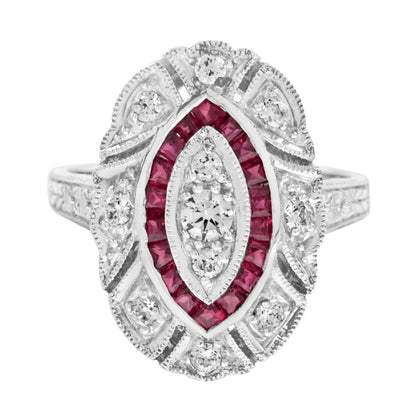 Art Deco Style Diamond and Ruby Navette Cluster Cocktail Ring; featuring three vertically set diamonds within a navette-shaped French cut natural ruby border and an outer surround of brilliant-cut diamonds in 18ct white gold