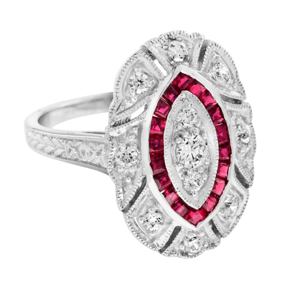 Art Deco Style Diamond and Ruby Navette Cluster Cocktail Ring in 18ct White Gold
