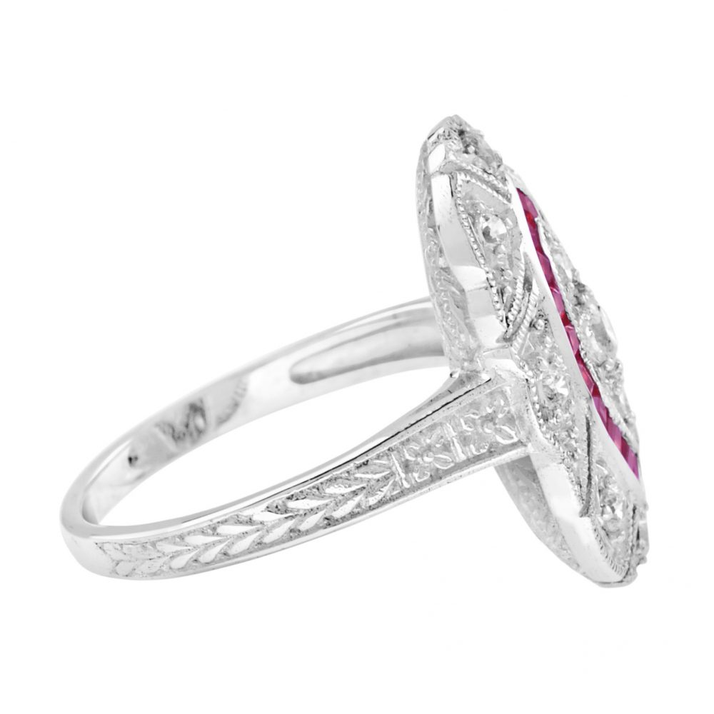 Art Deco Style Diamond and Ruby Navette Cluster Cocktail Ring in 18ct White Gold