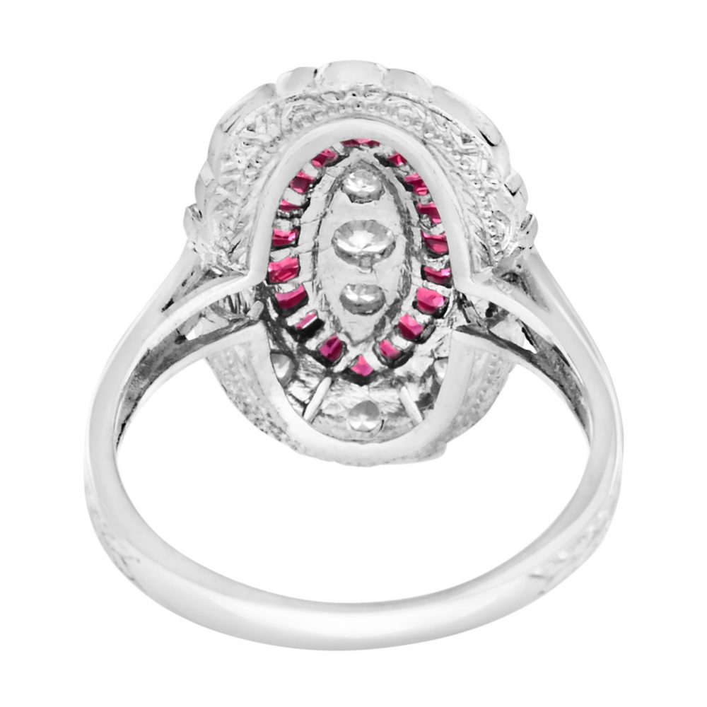 Art Deco Style Diamond and Ruby Navette Cluster Cocktail Ring in 18ct White Gold