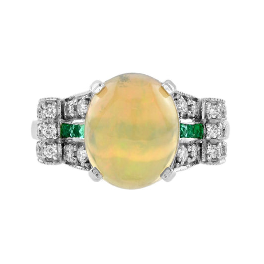 Art Deco Inspired 2.46ct Opal Emerald and Diamond Dress Ring