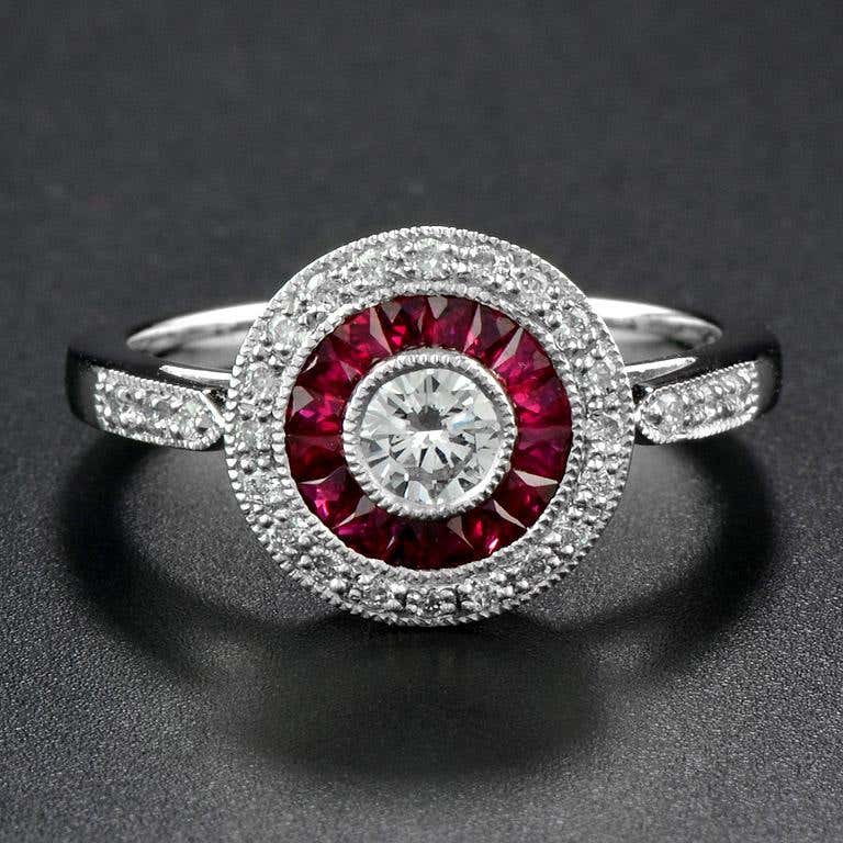 Diamond and Ruby Target Cluster Engagement Ring in Platinum