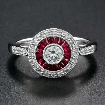 Diamond and Ruby Target Cluster Engagement Ring in Platinum