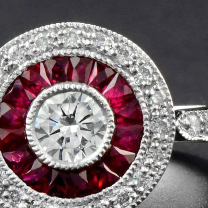 Diamond and Ruby Target Cluster Engagement Ring in Platinum