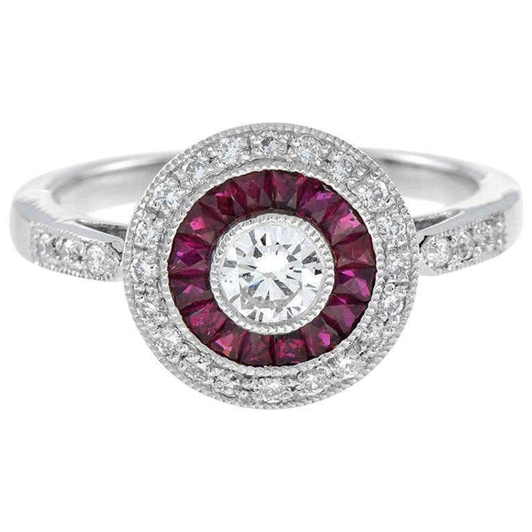 Diamond and Ruby Target Cluster Engagement Ring in Platinum