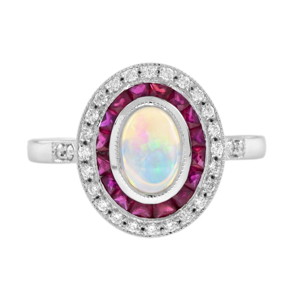 Australian Opal Ruby and Diamond Halo Cluster Ring