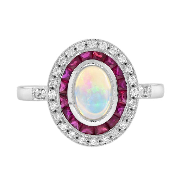 Australian Opal Ruby and Diamond Halo Cluster Ring