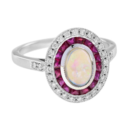 Australian Opal Ruby and Diamond Halo Cluster Ring