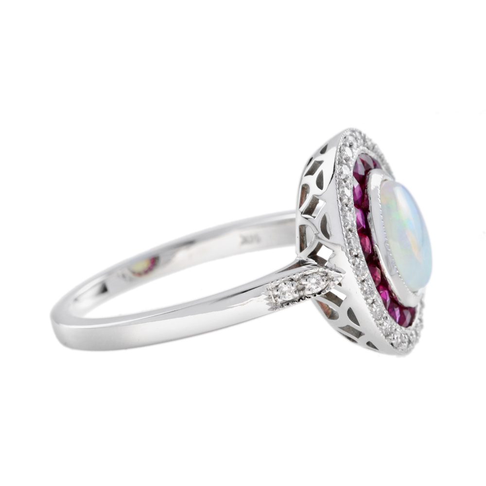 Australian Opal Ruby and Diamond Halo Cluster Ring