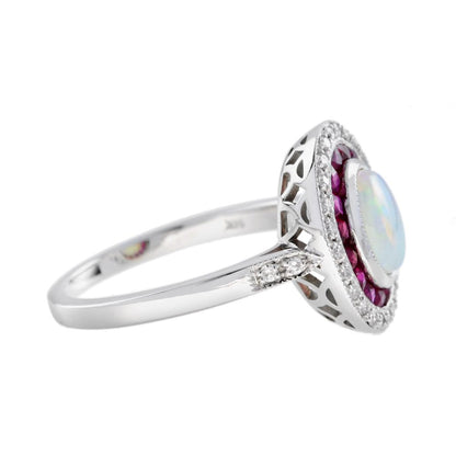 Australian Opal Ruby and Diamond Halo Cluster Ring