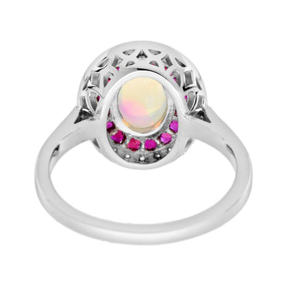 Australian Opal Ruby and Diamond Halo Cluster Ring
