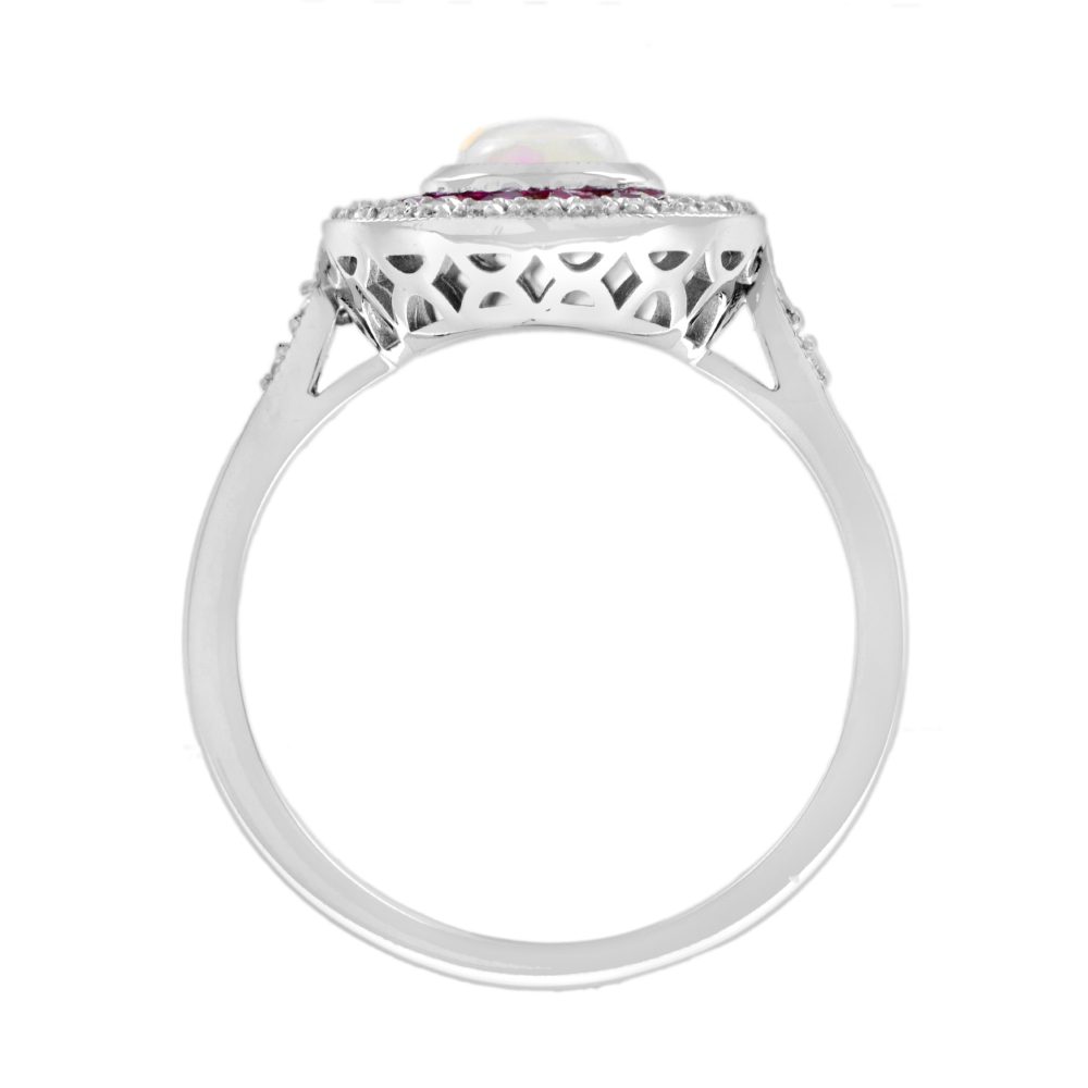 Australian Opal Ruby and Diamond Halo Cluster Ring