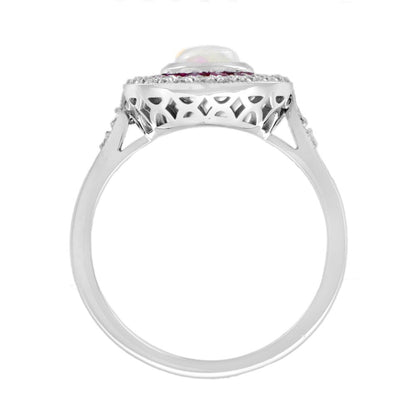 Australian Opal Ruby and Diamond Halo Cluster Ring