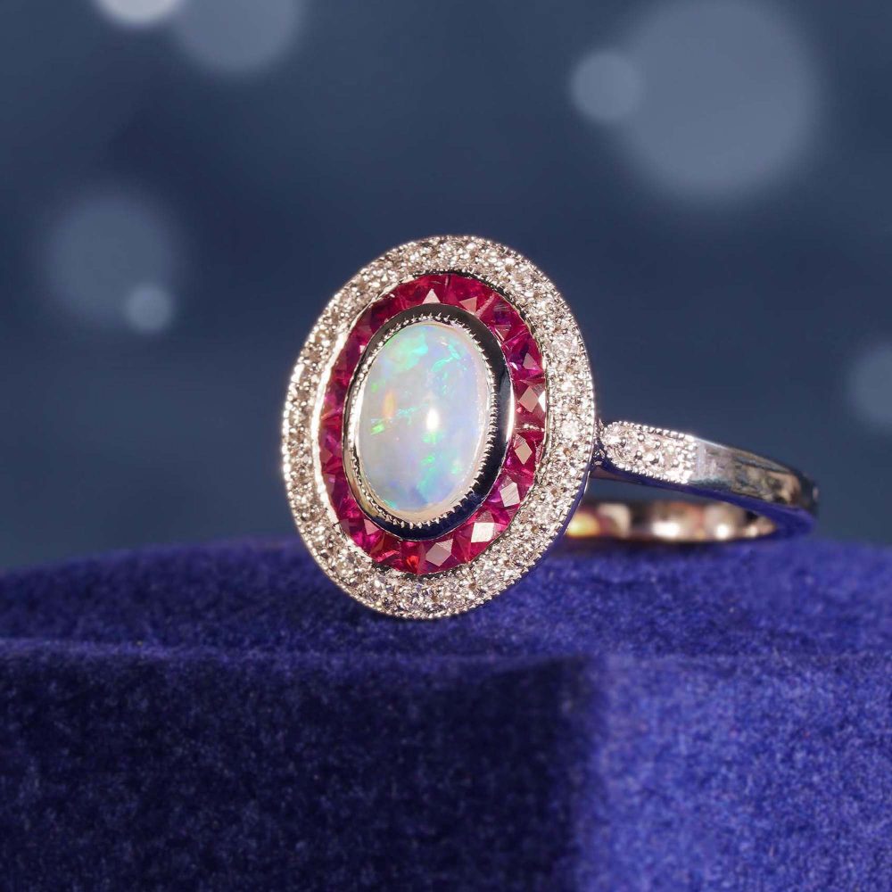 Australian Opal Ruby and Diamond Halo Cluster Ring