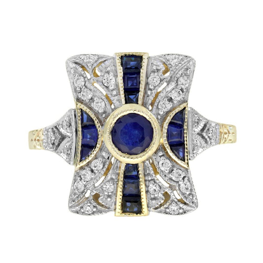 Sapphire and Diamond Cluster Panel Ring