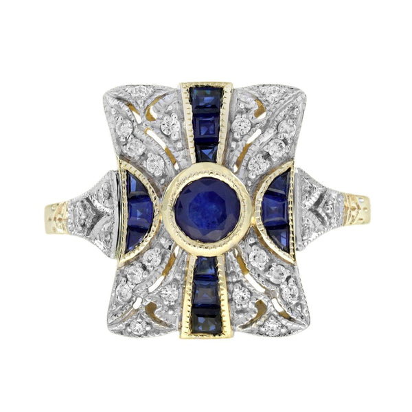 Sapphire and Diamond Cluster Panel Ring