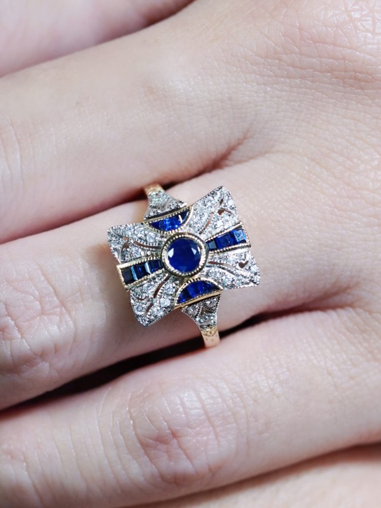 Sapphire and Diamond Cluster Panel Ring