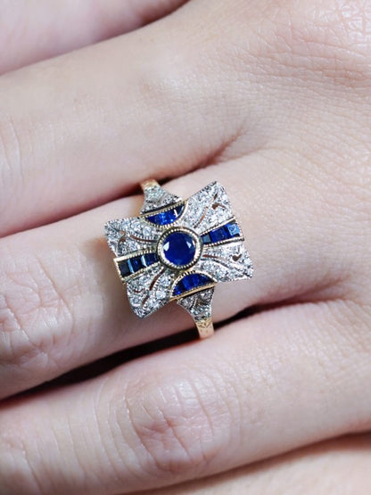 Sapphire and Diamond Cluster Panel Ring