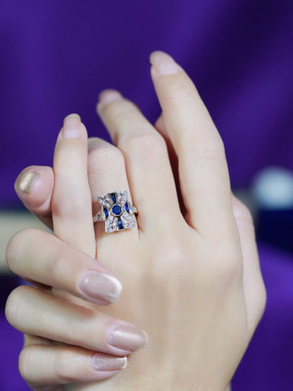 Sapphire and Diamond Cluster Panel Ring