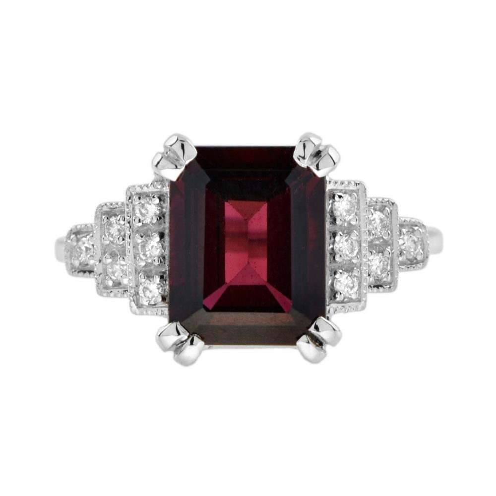 4.10ct Emerald Cut Rhodolite Garnet and Diamond Engagement Ring