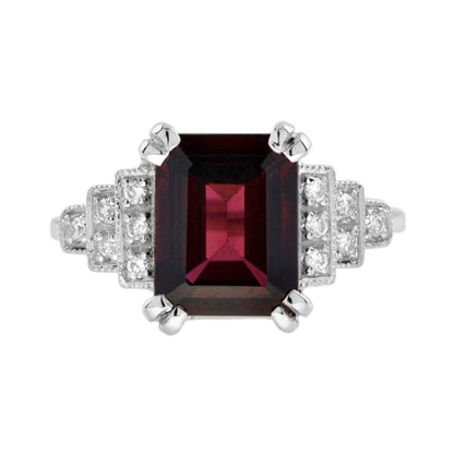 4.10ct Emerald Cut Rhodolite Garnet and Diamond Engagement Ring
