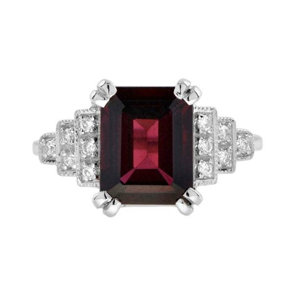 4.10ct Emerald Cut Rhodolite Garnet and Diamond Engagement Ring