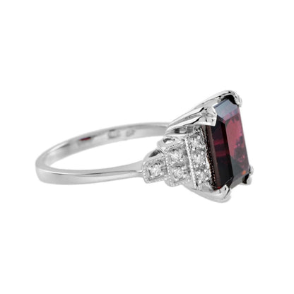 4.10ct Emerald Cut Rhodolite Garnet and Diamond Engagement Ring