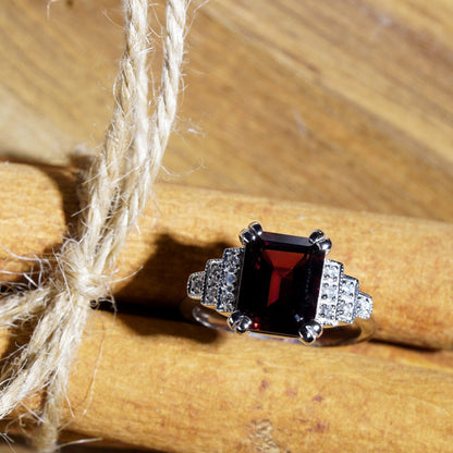 4.10ct Emerald Cut Rhodolite Garnet and Diamond Engagement Ring