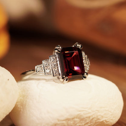 4.10ct Emerald Cut Rhodolite Garnet and Diamond Engagement Ring