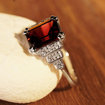4.10ct Emerald Cut Rhodolite Garnet and Diamond Engagement Ring