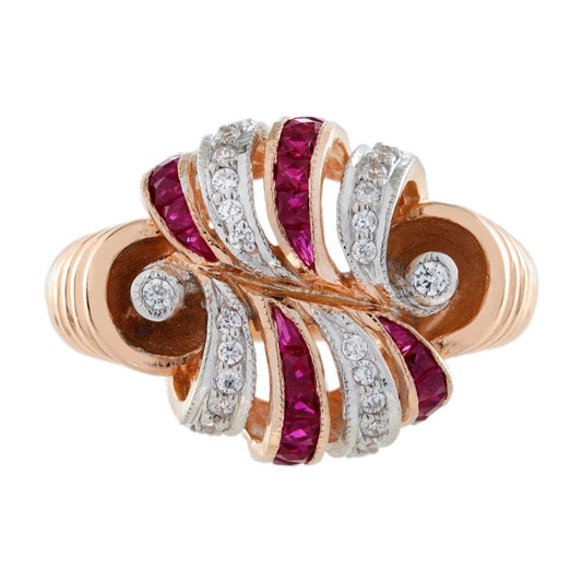 Retro Style Ruby and Diamond Cocktail Ring in Rose Gold