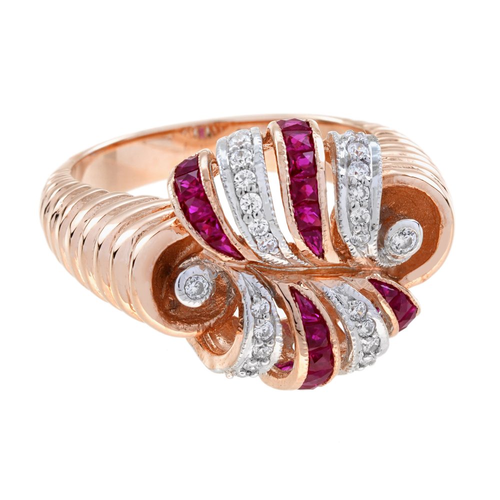 Retro Style Ruby and Diamond Cocktail Ring in Rose Gold