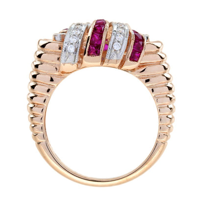 Retro Style Ruby and Diamond Cocktail Ring in Rose Gold
