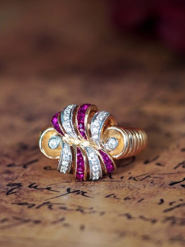 Retro Style Ruby and Diamond Cocktail Ring in Rose Gold