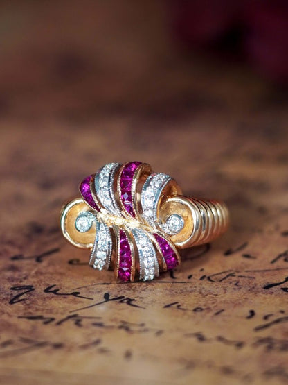 Retro Style Ruby and Diamond Cocktail Ring in Rose Gold