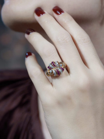 Retro Style Ruby and Diamond Cocktail Ring in Rose Gold
