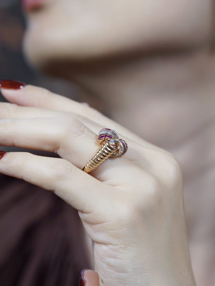 Retro Style Ruby and Diamond Cocktail Ring in Rose Gold