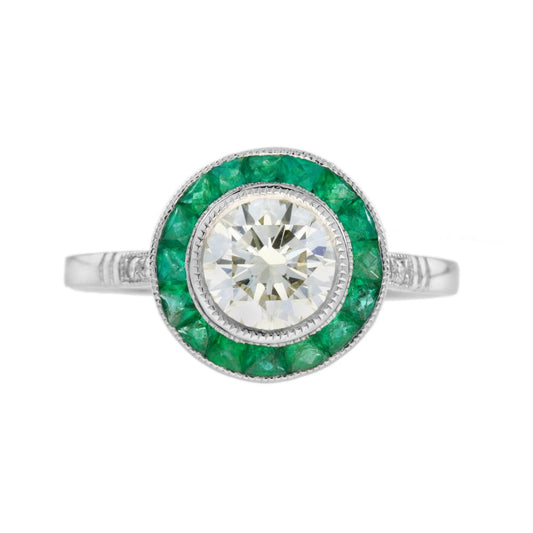 Certified 1ct Diamond and Calibre Emerald Target Cluster Engagement Ring in Platinum