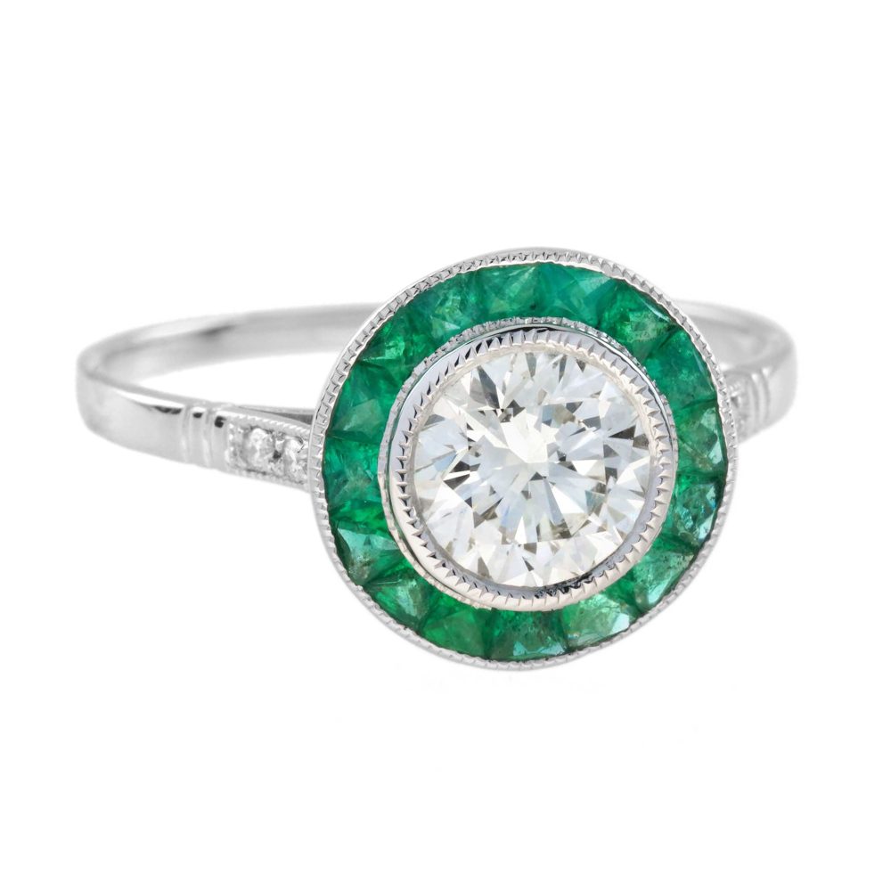 Certified 1ct Diamond and Calibre Emerald Target Cluster Engagement Ring in Platinum