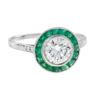 Certified 1ct Diamond and Calibre Emerald Target Cluster Engagement Ring in Platinum